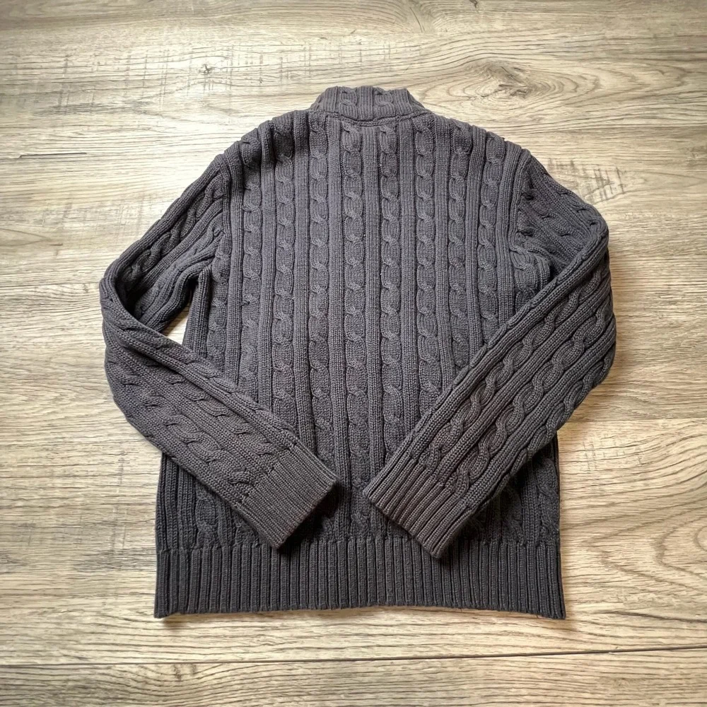 LL Bean Cardigan Sweater Girls M 10/12 Gray Cable Knit Full Zip Mock‎ Neck AE39